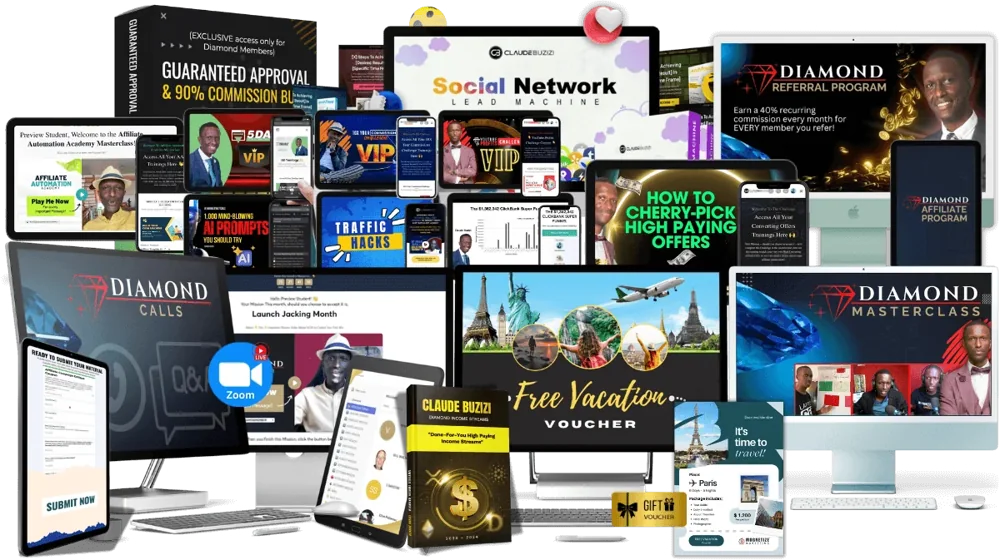 Every Diamond Annual gift together: the Diamond Income Streams software, the course library, the live calls, the master classes, the referral program and the vacation voucher on screens and in print.