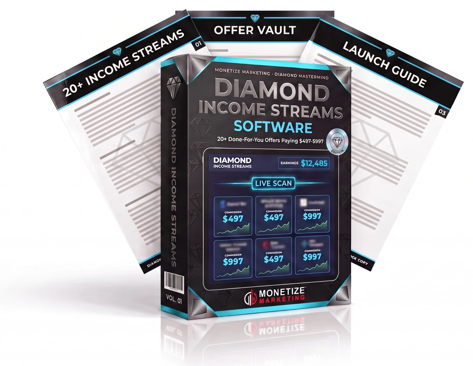 The Diamond Income Streams software box (20+ done-for-you offers paying $497-$997, a live scan of commissions) in front of three guides: 20+ Income Streams, Offer Vault and Launch Guide.