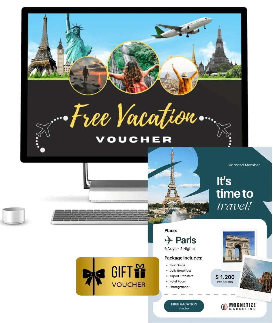 The Diamond Free Vacation Voucher: a Free Vacation Voucher screen on a desktop computer, a Paris travel flyer and a gold gift voucher card.