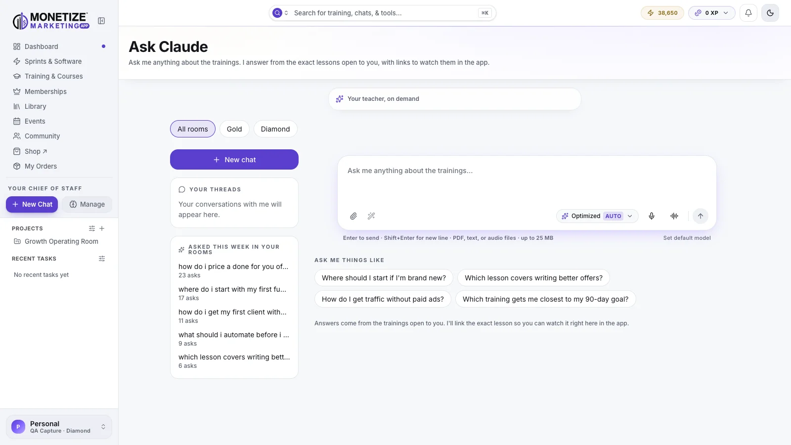 Ask Claude AI inside the Monetize Marketing App