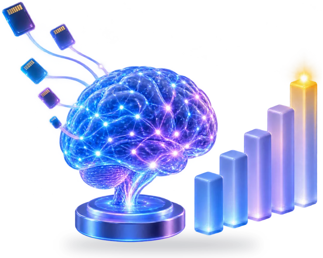 A glowing brain with rising level bars and memory cards flowing into it, with the Ask Claude AI avatar badge in the corner